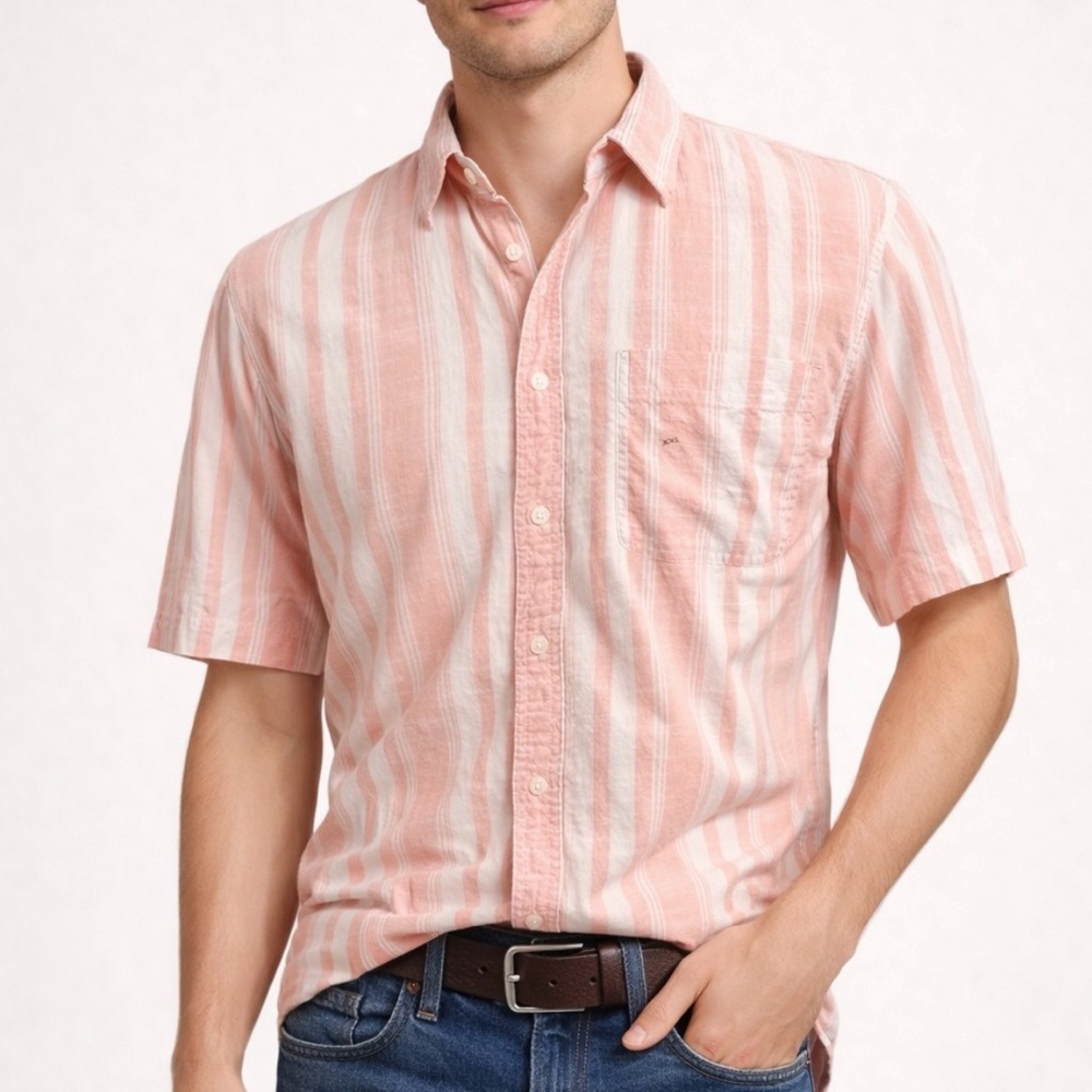 -NWT American Eagle Outfitters Peach/Cream Stripes Button-Down S/S Mens S…